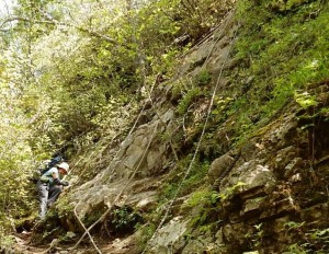 岩場を登ります。どのロープがいいかな。たくさんあります。 
